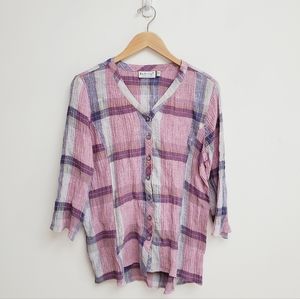 Habitat Crinkle Linen Plaid Button Down Shirt Pastel Lagenlook Lightweight Sz S